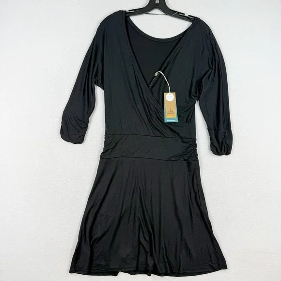 Prana Simone Dress Size S Womens Black Wrap Front 3/4 Sleeve Sustainable - NEW