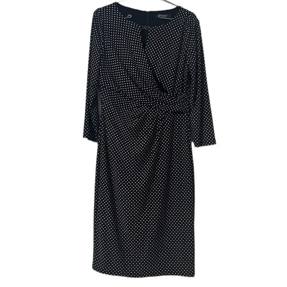 NEW Ralph Lauren Faux Wrap Ruched Jersey Knit Polka Dot Midi Dress in Navy Sz 6