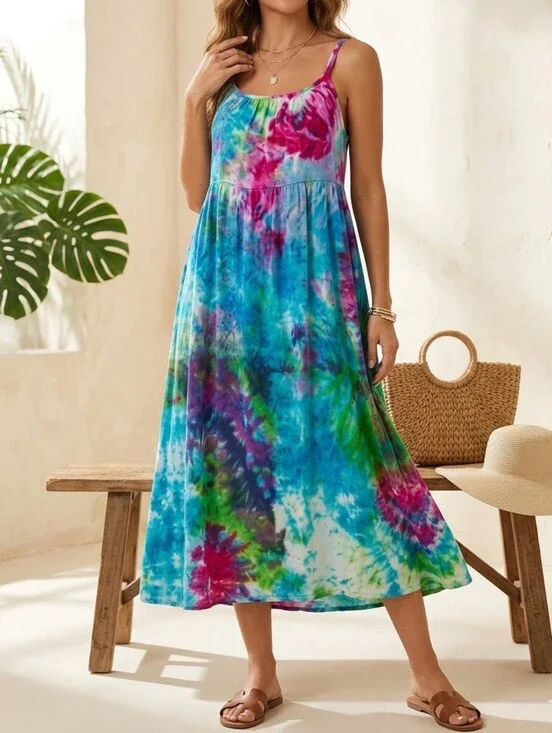 Dharma Trading Co Tie Dye Multicolor Summer Casual Sleeveless Maxi Dress Large