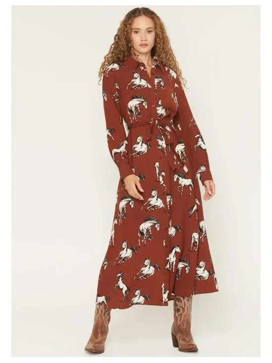 Cotton & Rye Brown White Horse Print Waist Tie Midi Dress Sz L