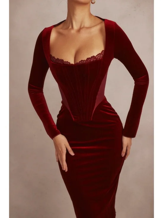 NEW House of CB Solaine Velvet Dress Wine Large