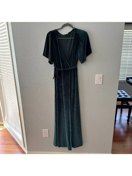 Baltic Born Green Velvet Maxi Wrap Dress SMALL Flutter Sleeves