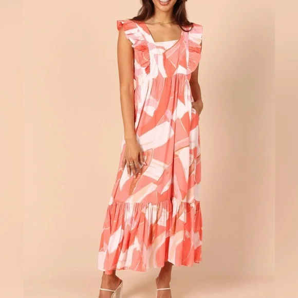 PETAL & PUP Ruffle Sleeve Vibrant Coral & White Tiered Maxi Dress