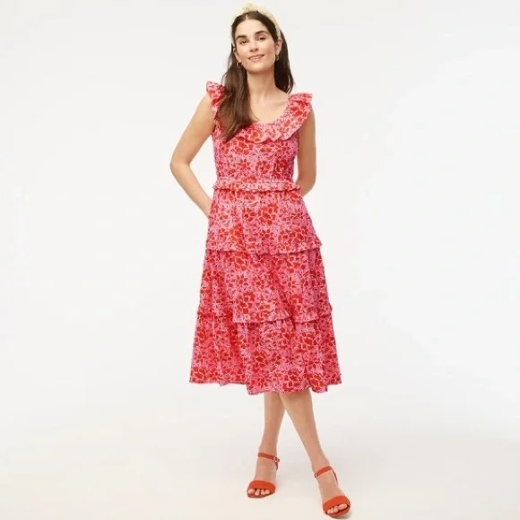J.Crew Red Pink Floral Ruffle Tiered Midi Dress Cottagecore Size 6
