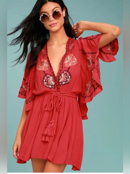 Free People Red Embroidered Tassel Tie Mini Dress