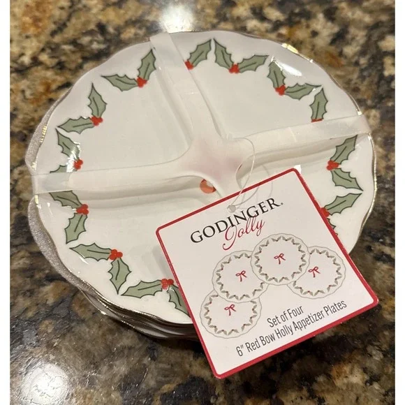 Godinger Jolly Red Bow Holly 6 Inch Appetizer Dessert Plates Set Of 4 NEW‎