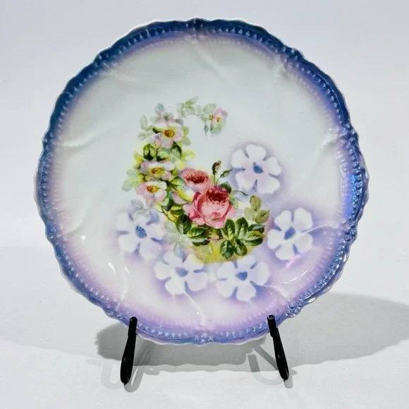 Antique Purple Floral Cabinet Plate w Iridescent Finish‎  Leuchtenburg Germany