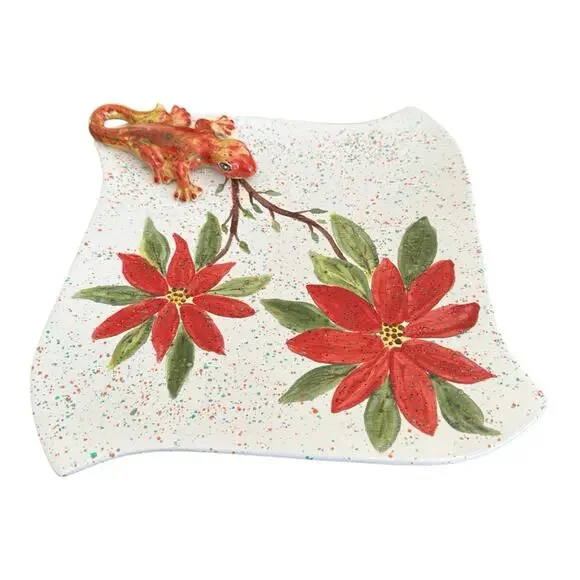 VTG Handmade Serving Plate Poinsettia And 3D Lizard Design Speckled Signed