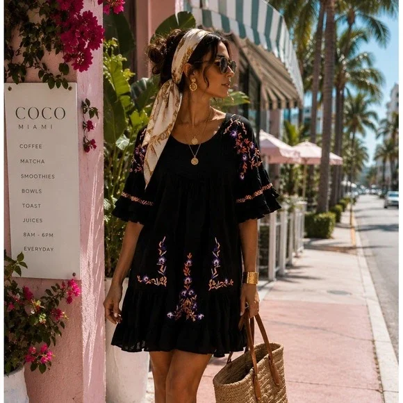 Free People Black Embroidered Floral Mini Dress Ruffle Sleeve Cotton Boho Medium
