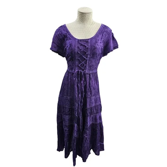 Whimsigoth witch Dress Womens Free Size Purple Embroidered Lace Up Boho Midi new