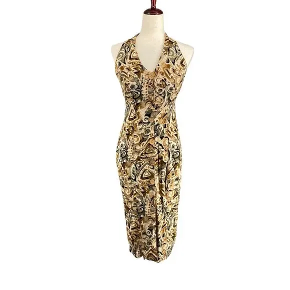 Vintage‎ Knapp Studio California Abstract V Neck Sleeveless Midi Dress M? Tan