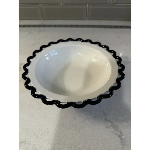 Anthropologie sasha White bowl With Navy Blue scalloped‎ fringe Edges