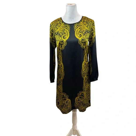 Ladies Juicy Couture Black‎ and Yellow Paisley Print Long Sleeve Midi Dress 2