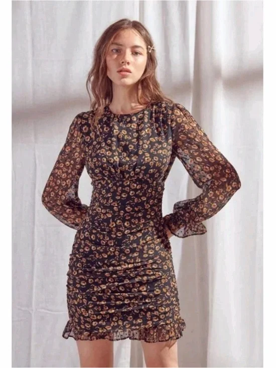Storia Black Floral Ruched Mini Dress Long Sleeve Sheer Cottagecore Size S