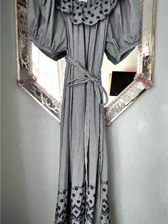 Doen Navy and White Checked Maxi dress with Puff Sleeves and Embroidered Hem.