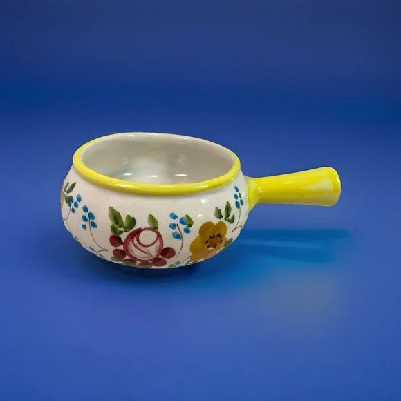 Soup Bowl Crock Handle‎ Hand Painted Portugal FTD Flowers