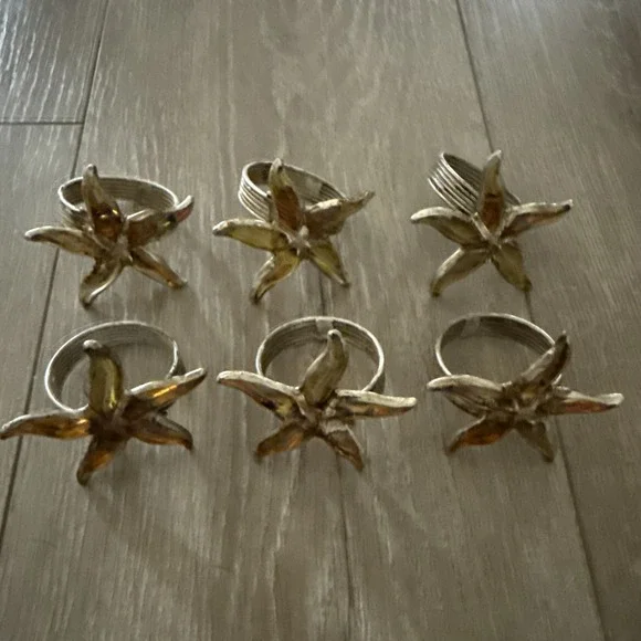 Handcrafted Starfish Napkin Rings Sodered Amber Arms/ Distressed Lead‎ Set of 6