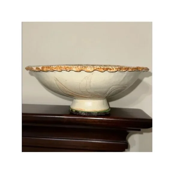 Vintage Hand Made Pottery Bowl Ivory Wheat Leaves