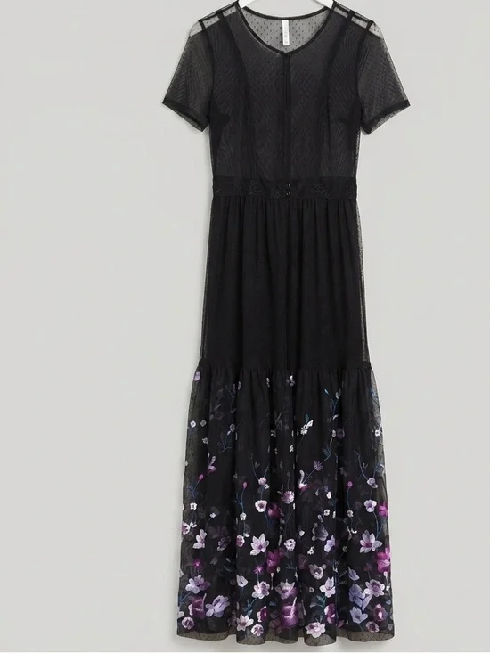 Black Floral Mesh Maxi Dress Size Large Sheer Embroidered Overlay Kimono Style