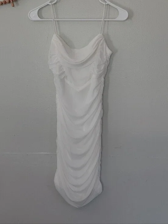 Pofash White Ruched Bodycon Bridal Bachelorette Club Party Dress NWT XS