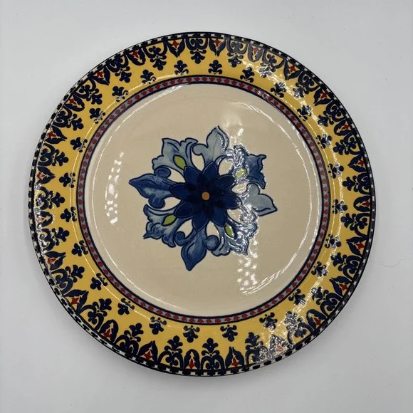 Williams-Sonoma Yellow Rim Blue Flower Dinner Plate Italian Sicily, 11