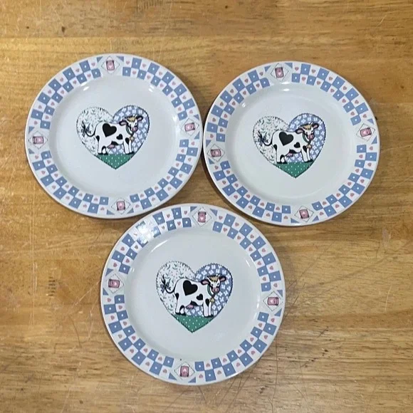 Vtg Tabletops‎ Unlimited Cow Heart Checkered Salad Plates Set of 3 Farmhouse 8