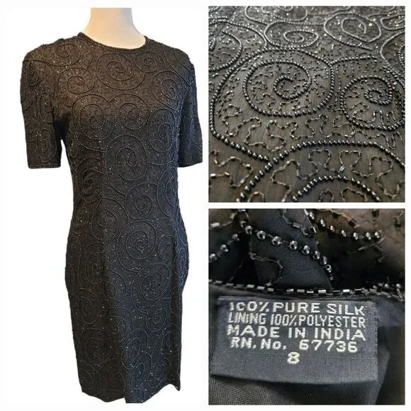 Vintage Jewel Queen 100% Pure Silk Beaded Dress Black Hand Embroidered SZ 8