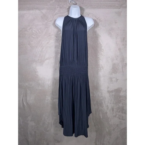 Ramy Brook Audrey Midi Dress Womens XS Blue Smocked Halter Stretch