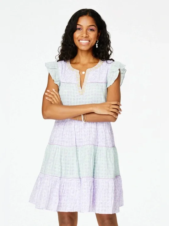Roller Rabbit Ismay Pippa Tiered Mini Dress Pastel Purple Green Size XS