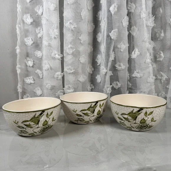 3 Cracker Barrel Susan Winget Garden Crackle‎ Cereal Soup Bowls White Green Bird