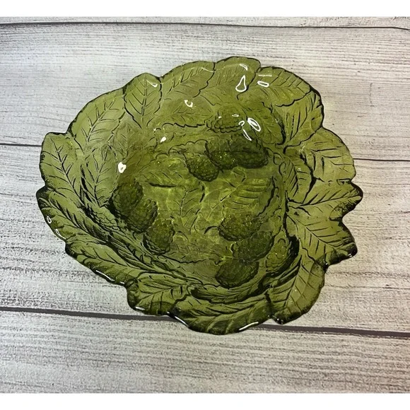 Vintage Green Indiana Glass Loganberry &‎ Leaf Pattern Candy Trinket Dish Bowl