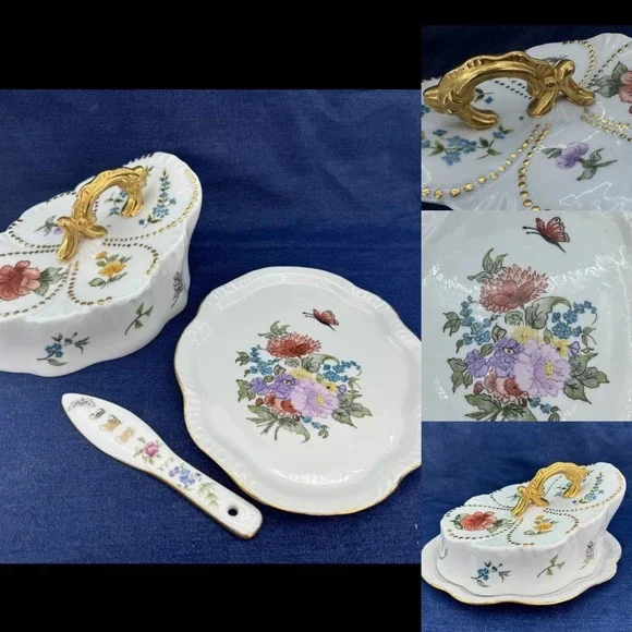 VTG Rare Covered Dish‎ & Knife Set Hand Painted Floral Signed Porcelain Ornate