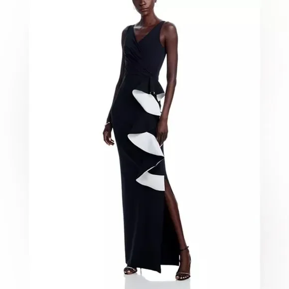 Chiara Boni La Petite Robe Sangiovanna Ruffle Long Gown Dress Black 12 NWT
