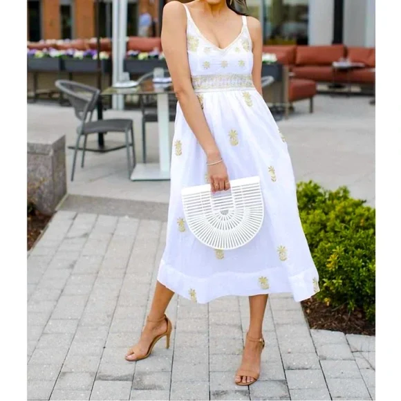 Gretchen Scott hand embroidered midi dress Fiesta Time white/gold, size medium