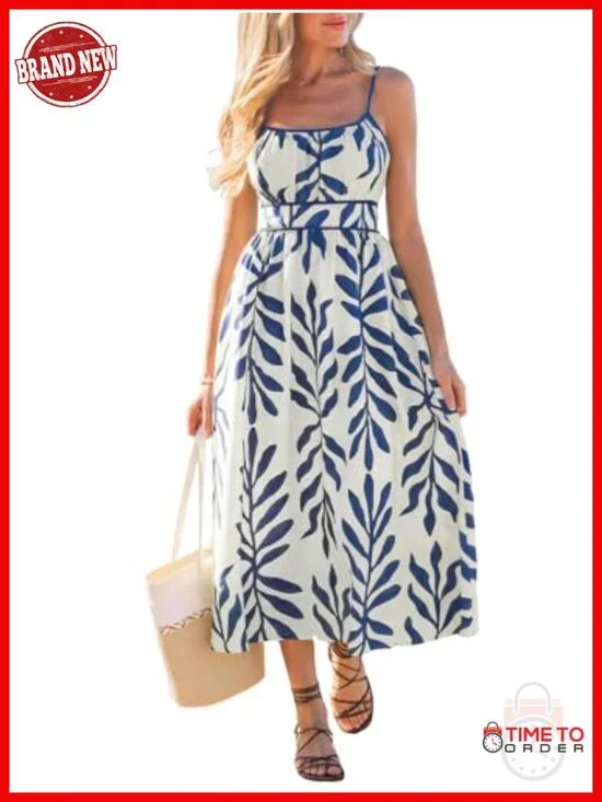 Women's Floral Boho Ruched Flowy Ruffle Cami Smocked Midi Dress
