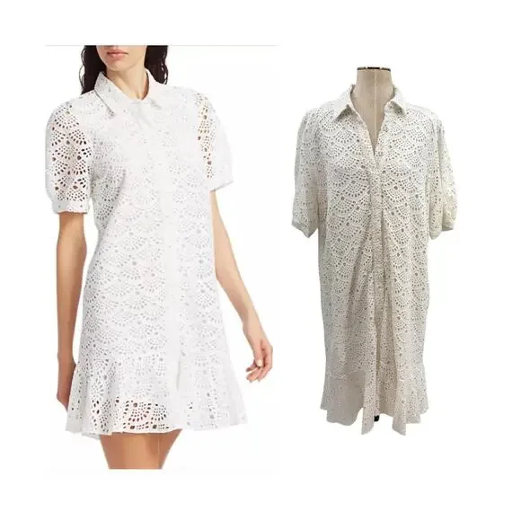 Tanya Taylor Aliciana Eyelet Lace Shirt Dress White Cotton Midi Size 18 NWT