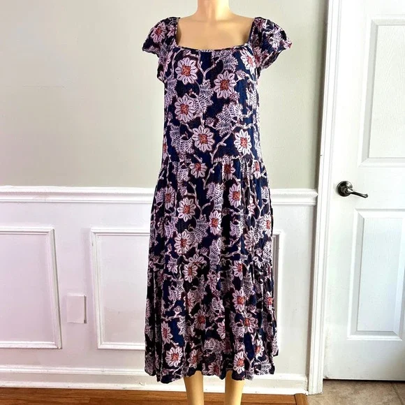 Knox Rose Floral Midi Dress M Womens Tiered Pockets Boho Navy Pink Cottagecore