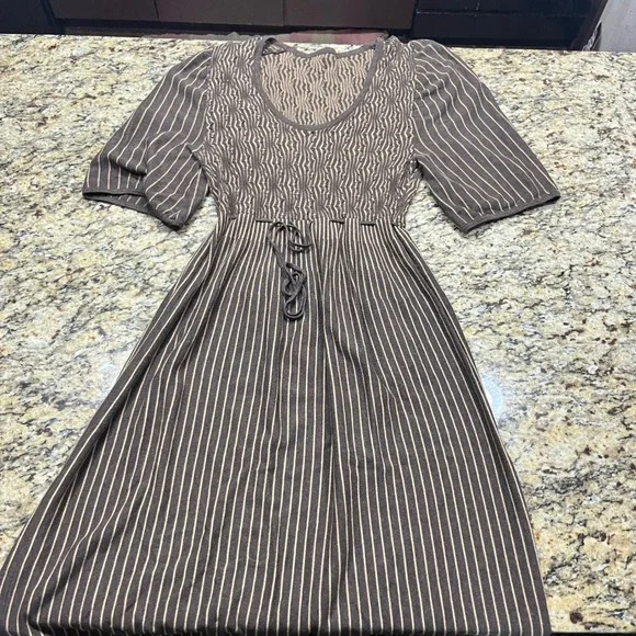 Brown Striped Knit Short Sleeve Midi Dress Drawstring Waist Smocked Bodice