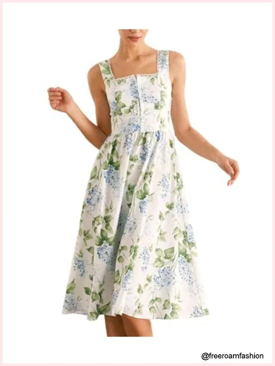 Midi Sundress Square Neck A-Line Flowy Smocked Back Tea Party Guest Dress