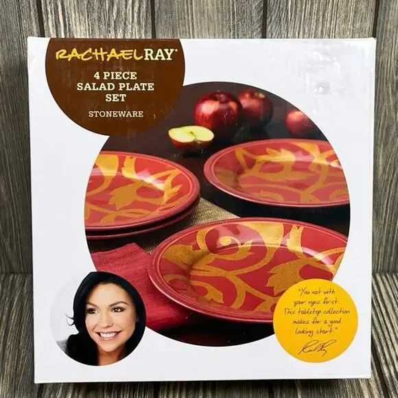 Rachael Ray 4 Piece Salad Plate Stoneware‎ Gold Scroll Cranberry Red 8