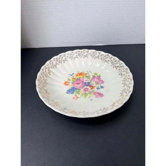 Grandmacore Southern‎ Potteries Vintage Floral Bowl 22Kt Gold Filigree Scalloped