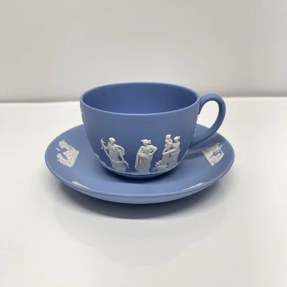 Vintage 1957 Wedgewood Jasperware Pale Blue Demitasse Tea Cup & Saucer England