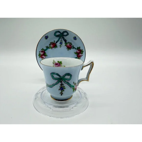 Vintage Hand Painted Porcelain Teacup and Saucer Blue Pink Roses Gold Trim