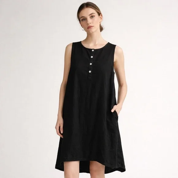 Bryn Walker Linen Shift Dress Women L Black‎ Sleeveless High-Low Hem Pockets