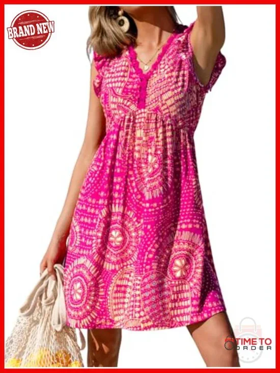 Flutter Sleeve V Neck A-Line Mini Sundress with Lace Trim