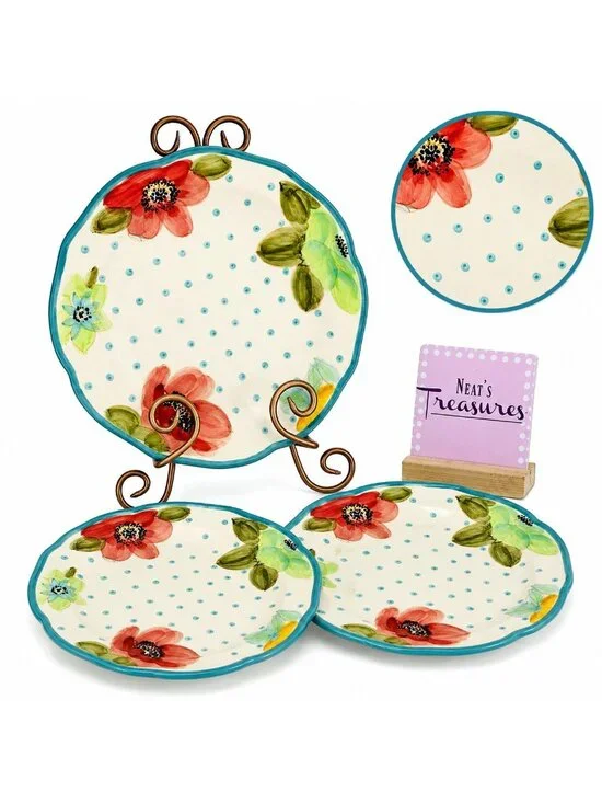 The Pioneer Woman VINTAGE BLOOM Scallop Floral  Teal Trim Stoneware Dinner Set 3