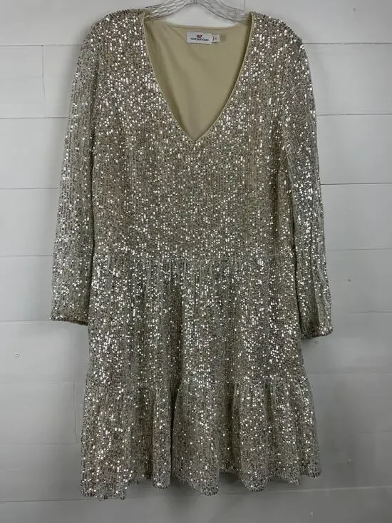Vineyard Vines Silver Sequin V-Neck Tiered Dress Size XL Holiday NYE