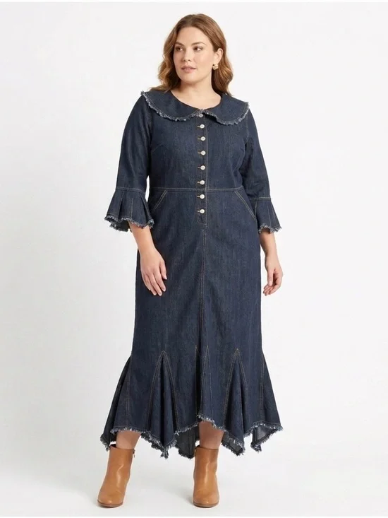 Goddess Trend Denim Midi Maxi Raw Asymmetrical Hem Dress 14 NWOT Cottagecore