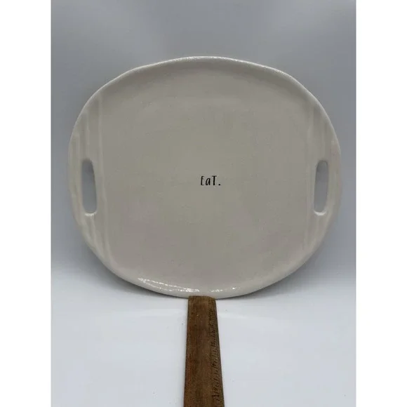RAE DUNN Oval White Platter With Handles Eat.  13.5x11.5 Small Crack Left Handle