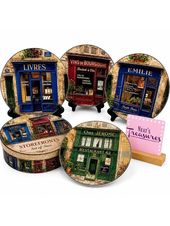 Sakura STOREFRONTS Multimotif French Stores Stoneware Salad Plates Set 4 Boxed